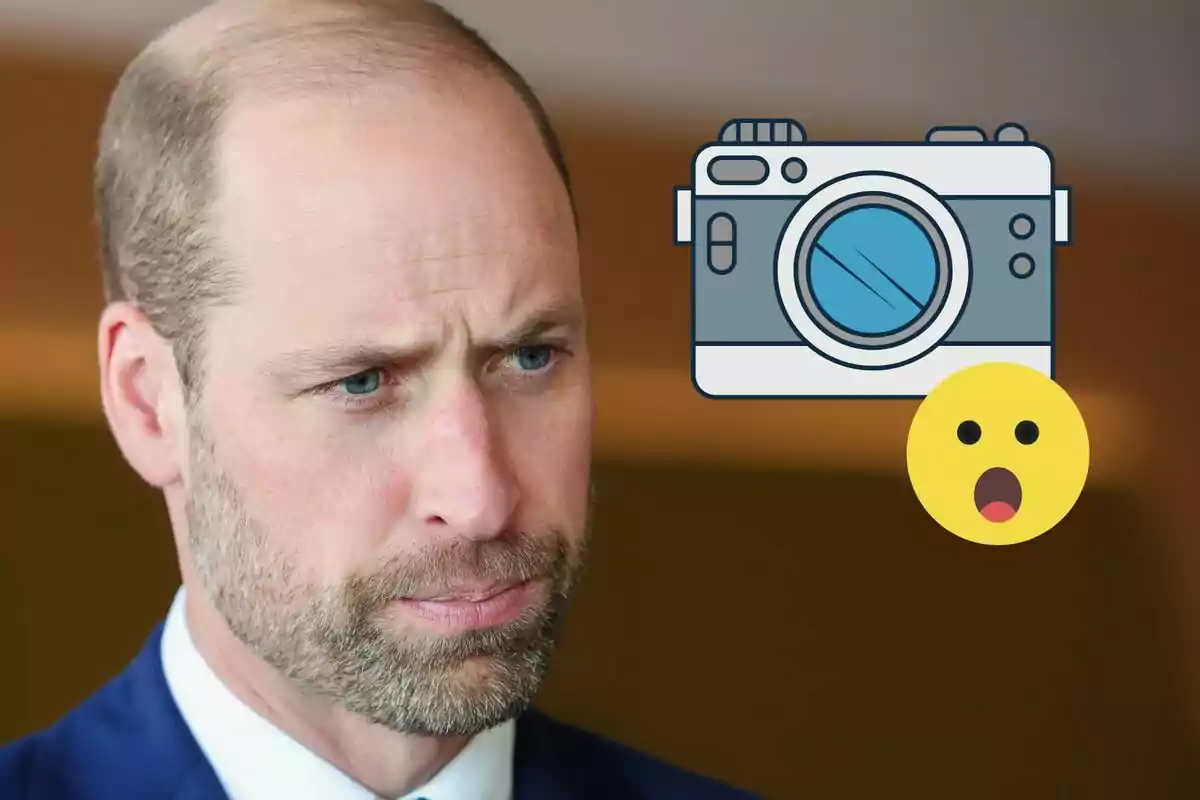 Prince William in a blue suit with a serious expression next to a camera drawing and a surprised emoji