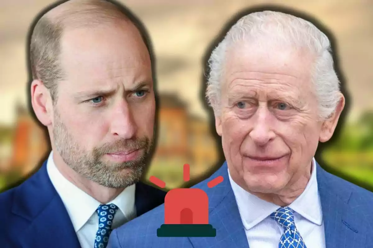 Prince William and Charles III in suits with serious expressions and an alert siren drawn in the center of the image