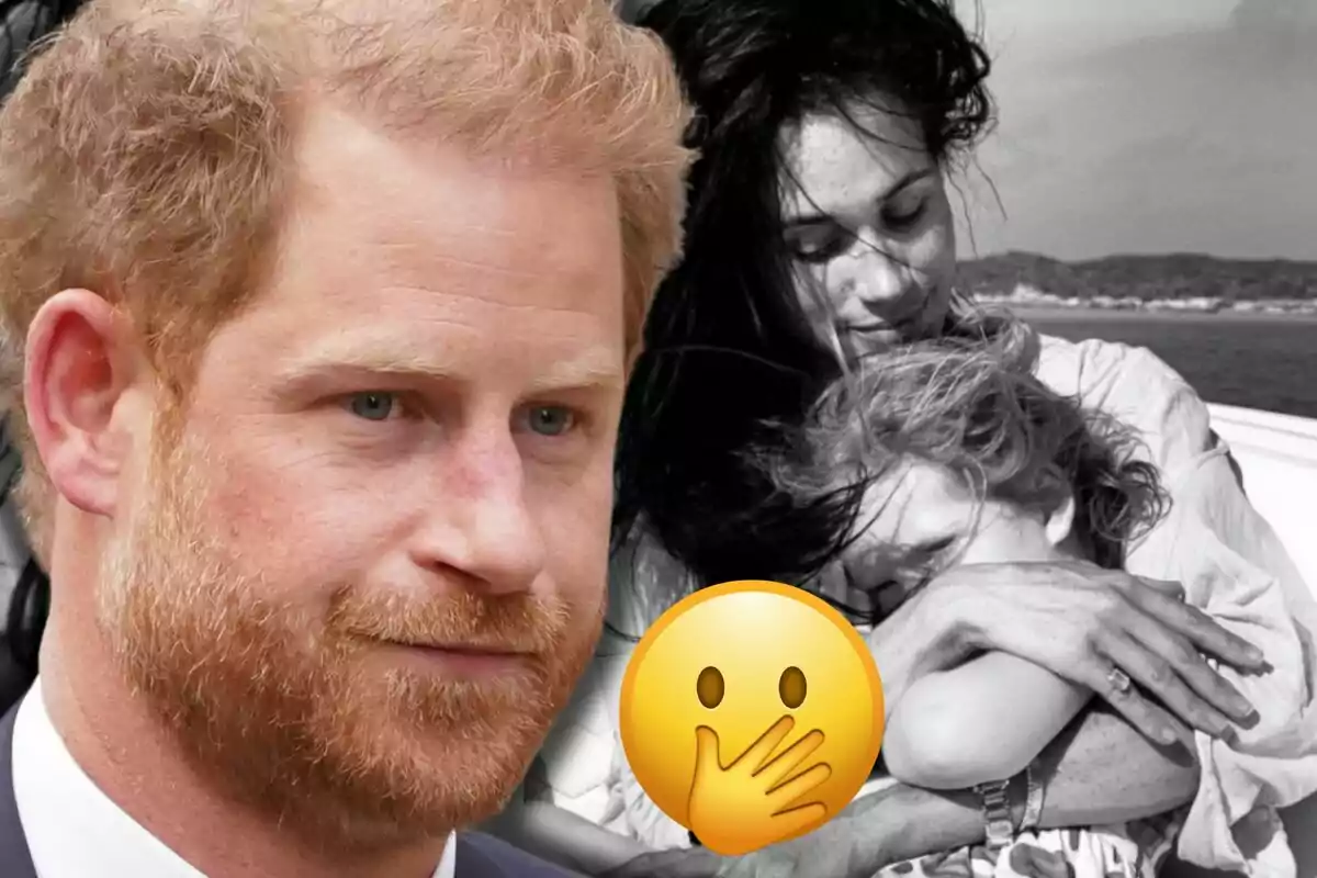 El príncipe Harry en primer plano con expresión seria y al fondo Meghan Markle abrazando a Lilibet en una imagen en blanco y negro parcialmente cubierta por un emoji de sorpresa