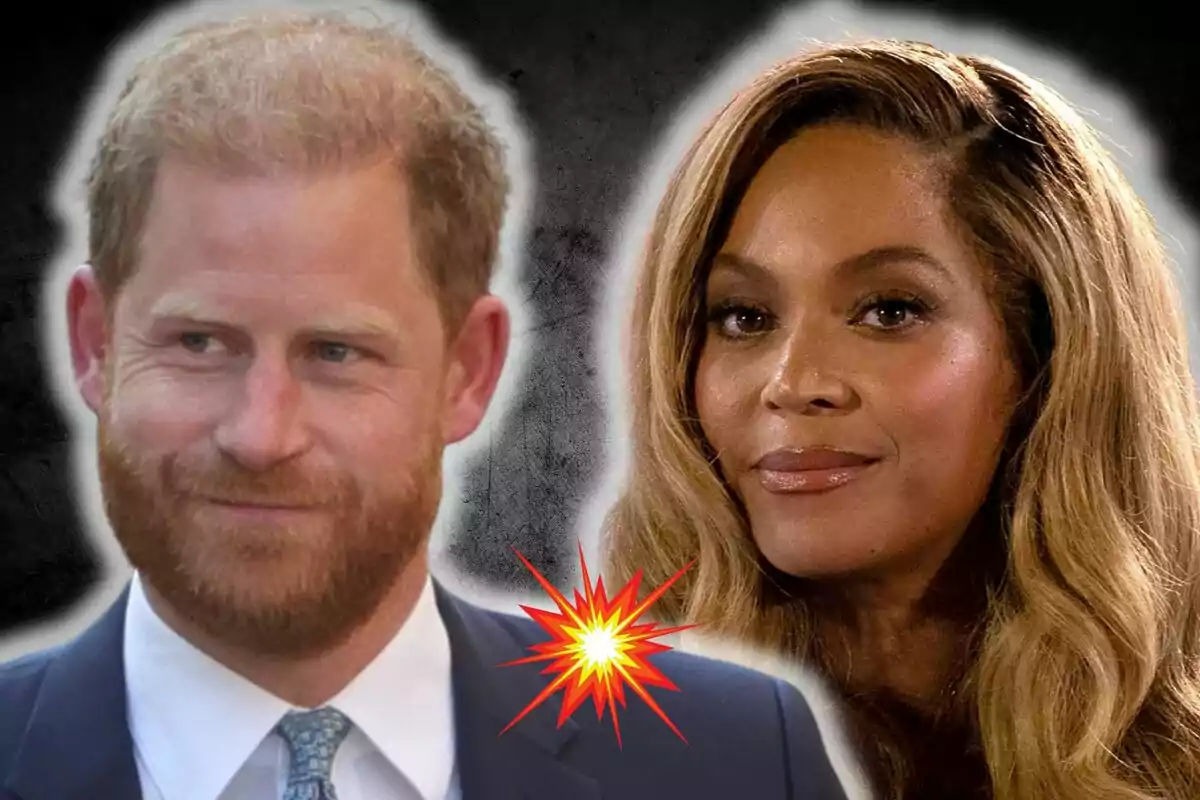 Prince Harry and Beyoncé posing together with an explosion effect in the center on a dark background.