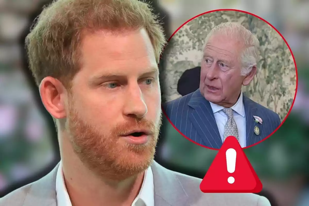 El príncipe Harry en primer plano con una imagen circular de Carlos III en traje detrás de él y un icono de advertencia en la parte inferior.