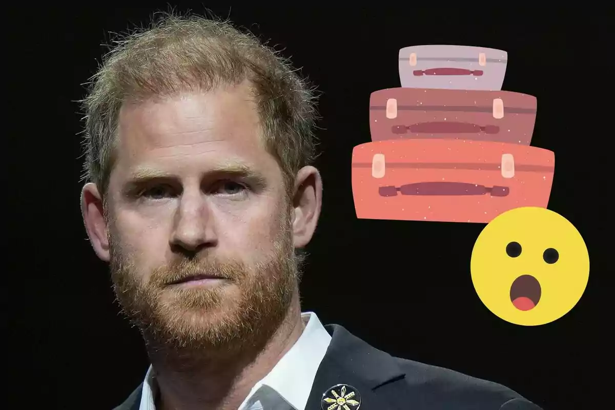 El príncipe Harry con expresión seria junto a ilustraciones de maletas apiladas y una carita amarilla sorprendida sobre fondo negro