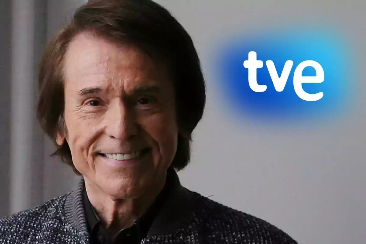 Raphael sonriente con cabello oscuro y un suéter gris, junto al logo de TVE en un fondo gris.