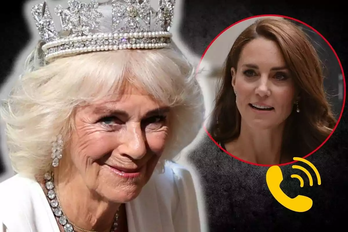 La reina Camila con una corona sonríe mientras Kate Middleton aparece en un círculo rojo con un ícono de teléfono amarillo.