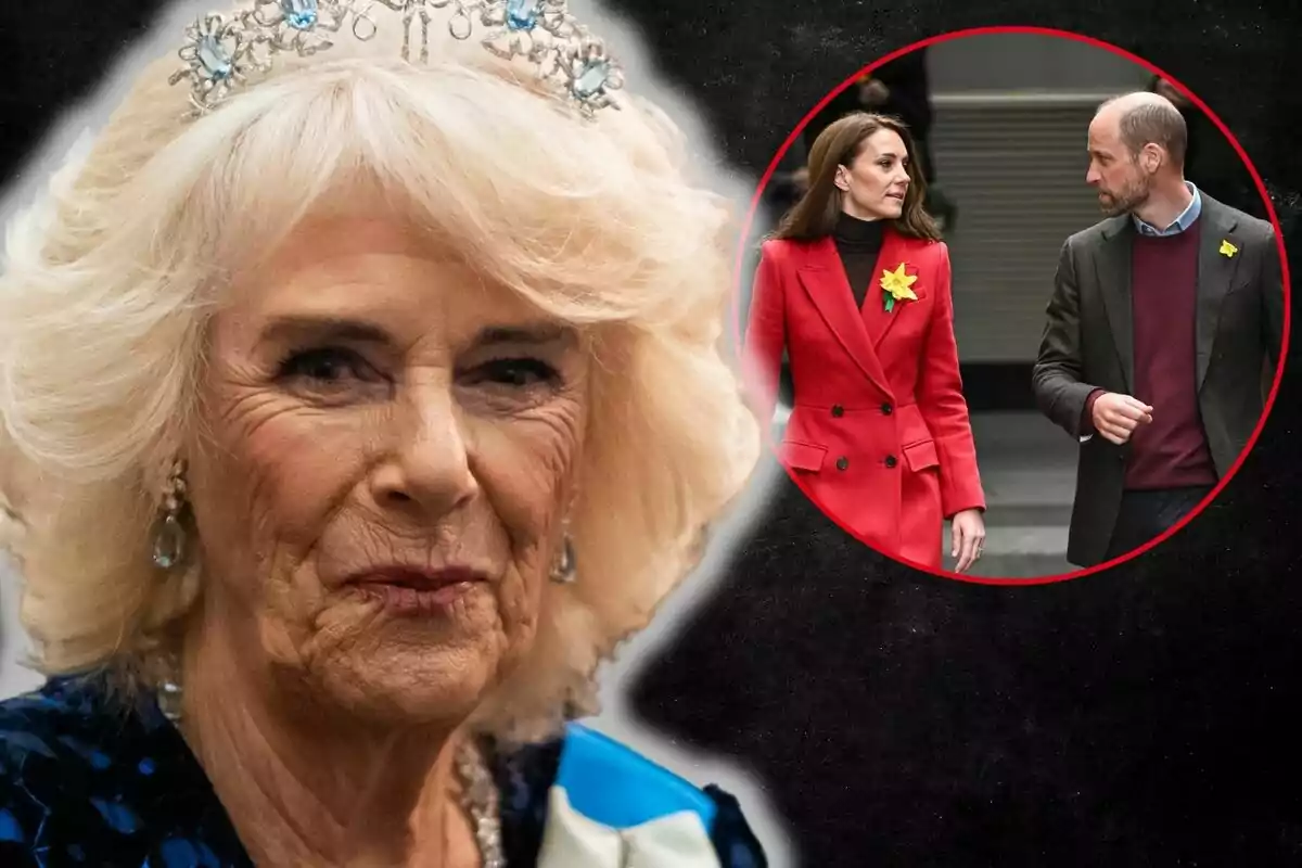 La reina Camila con una tiara y Kate Middleton y el príncipe Guillermo caminando en un recuadro circular.