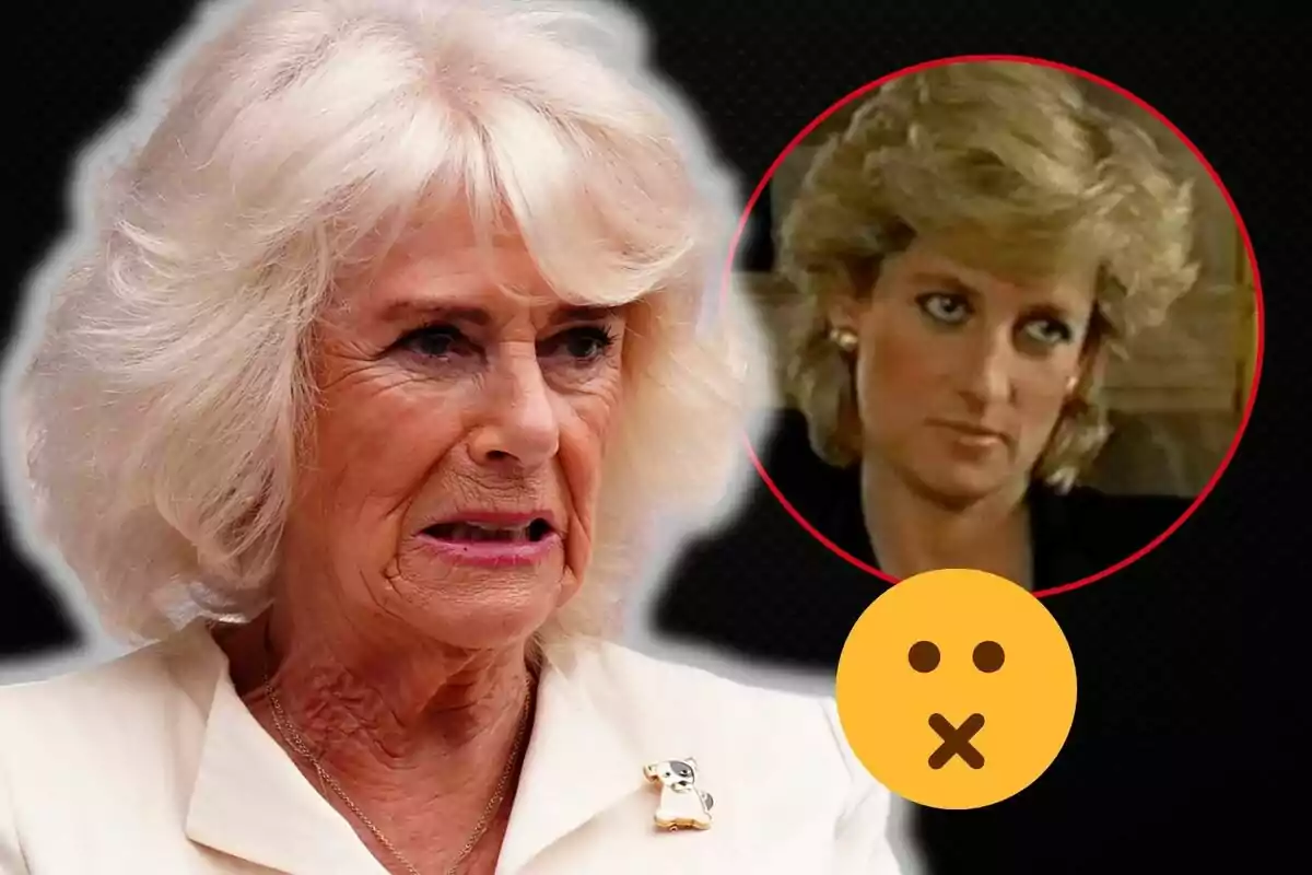 Close-up montage of Queen Camilla with a grim expression and a white blazer, Lady Di serious, and a mute emoji.