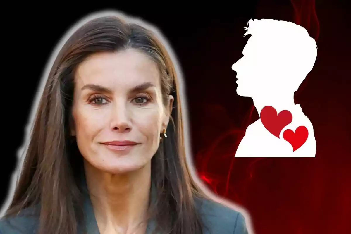 Queen Letizia with a dark background and the white silhouette of a man with red hearts on his shoulder
