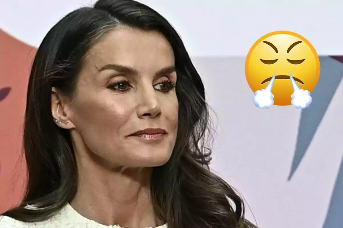 Queen Letizia with a serious expression next to an angry emoji.