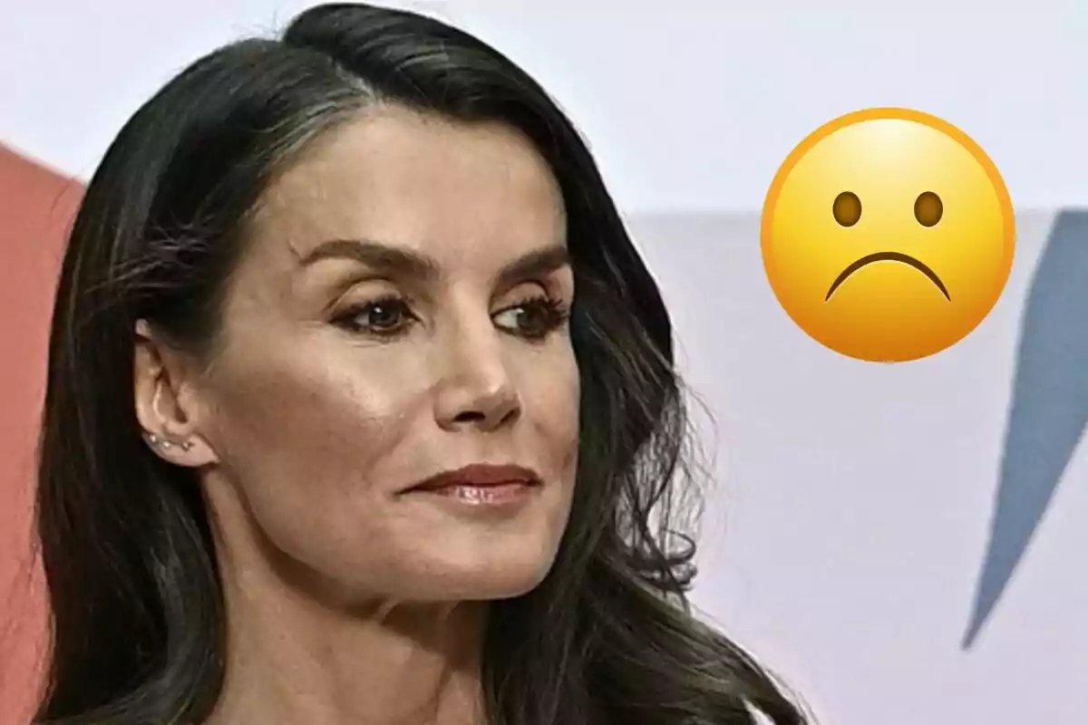 Queen Letizia with a serious expression next to a sad emoji.