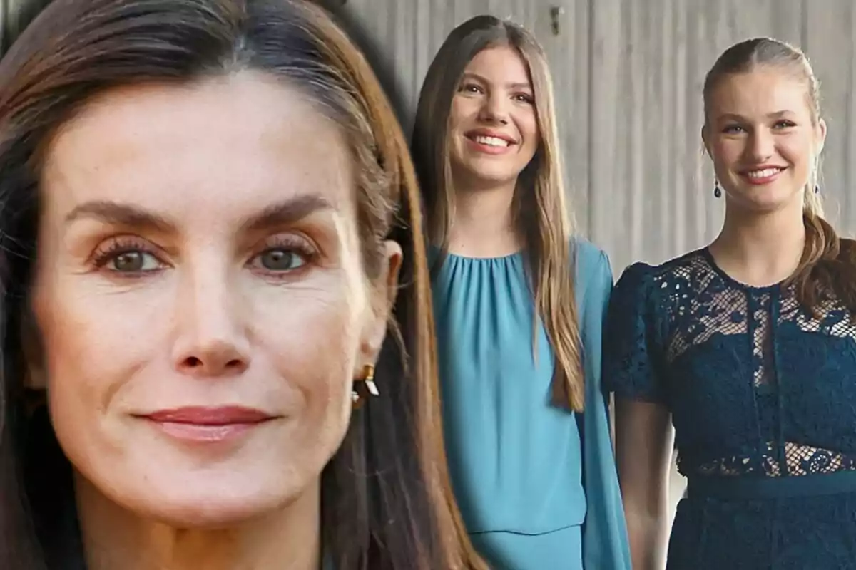 La reina Letizia, la infanta Sofía y la princesa Leonor posan juntas, una en primer plano y dos en el fondo, todas con expresiones sonrientes y vestidas elegantemente.
