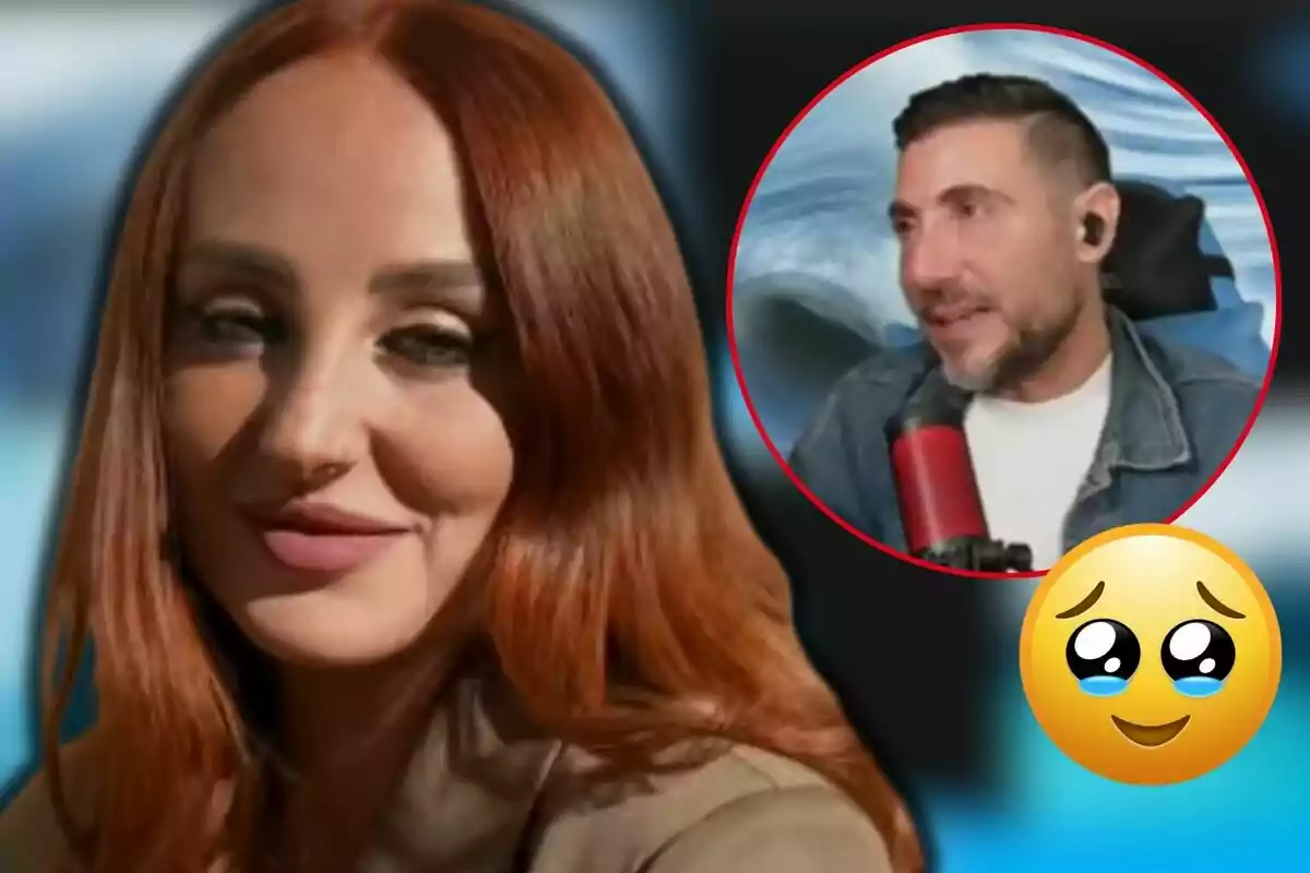 Rocío Flores sonríe mientras Antonio David Flores con auriculares aparece en un círculo rojo en la esquina superior derecha, junto a un emoji con ojos brillantes.