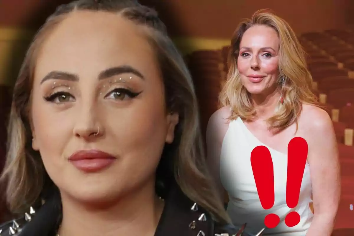 Rocío Flores y Rocío Carrasco en un montaje fotográfico, una en primer plano con maquillaje llamativo y otra al fondo con un vestido blanco y signos de exclamación rojos sobre su pecho.