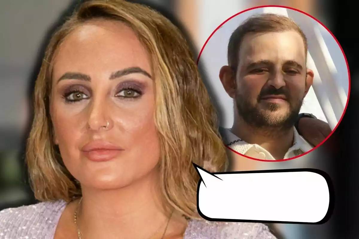 Rocío Flores con maquillaje llamativo aparece en primer plano, mientras que en un círculo rojo al fondo se ve a David Flores Carrasco; hay un globo de diálogo vacío en la parte inferior.