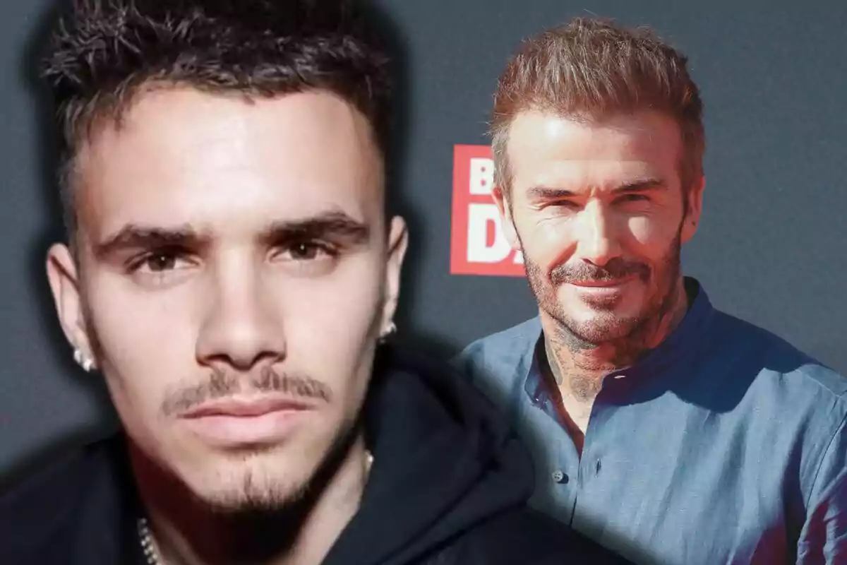 Romeo and David Beckham pose for the camera, one in the foreground with a serious expression and the other in the background smiling at an event.
