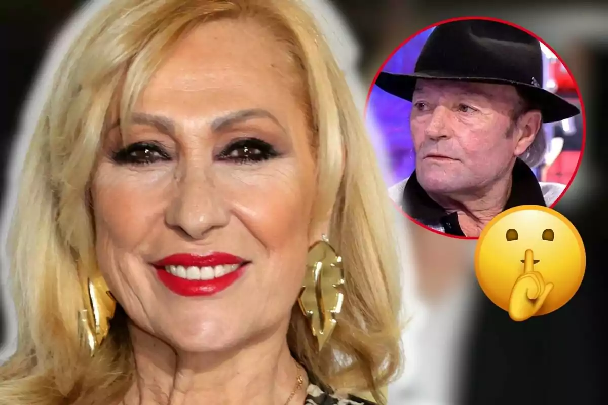 Rosa Benito rubia sonriente con labios rojos y pendientes dorados, con un recuadro que muestra a Amador Mohedano con sombrero y un emoji de silencio.