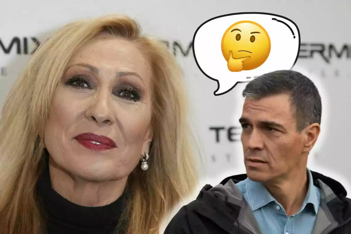 Rosa Benito sonriente y Pedro Sánchez con expresión pensativa acompañado de un emoji de reflexión.