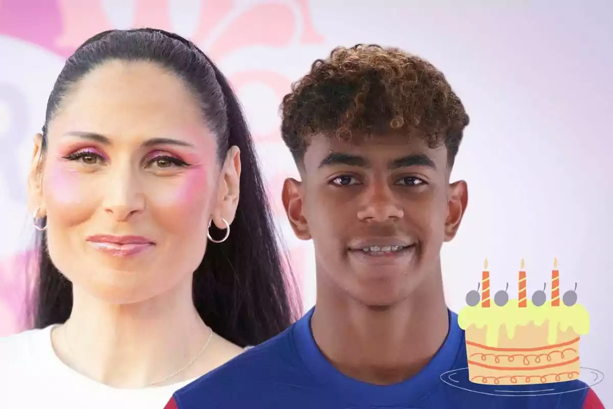 Rosa López con maquillaje brillante y Lamine Yamal con la camiseta del F.C. Barcelona, junto a un dibujo de un pastel de cumpleaños con velas.