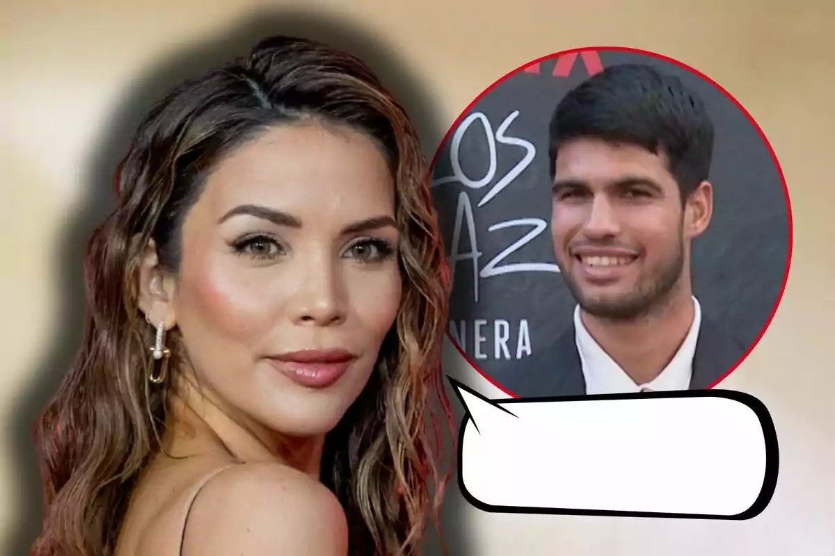 Rosanna Zanetti con maquillaje elegante mira a la cámara mientras Carlos Alcaraz sonriente aparece en un círculo con un fondo de texto en blanco.