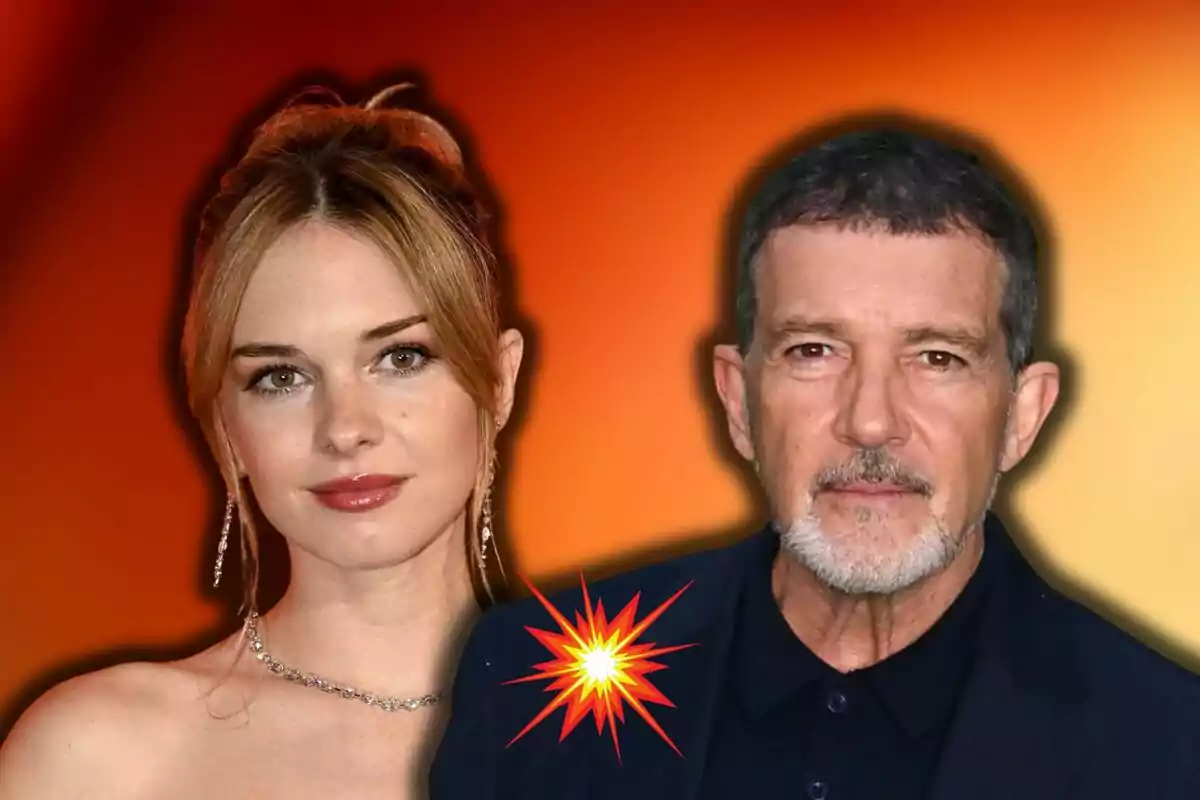 Stella del Carmen y Antonio Banderas posan juntas frente a un fondo degradado en tonos naranjas y amarillos con un efecto de explosión gráfica en el centro.