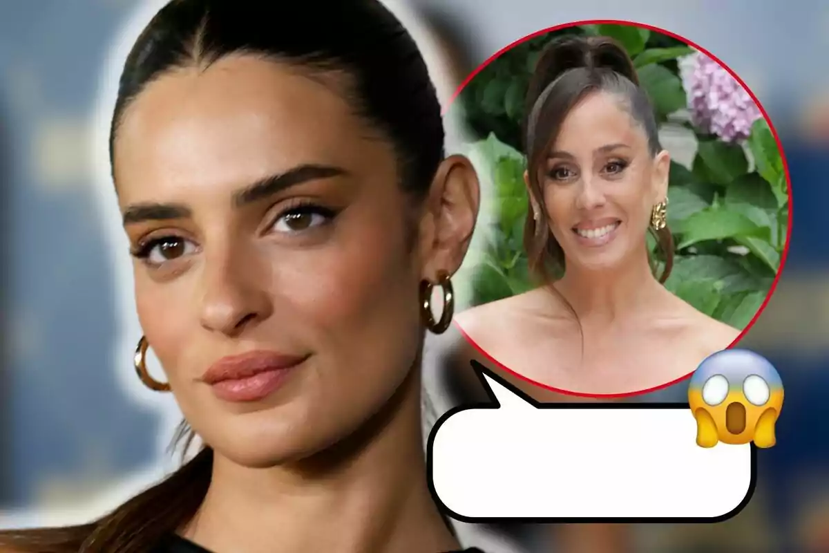 Susana Molina with dark hair and large earrings appears in the foreground while a red circle shows Anabel Pantoja smiling with an updo and plants in the background.