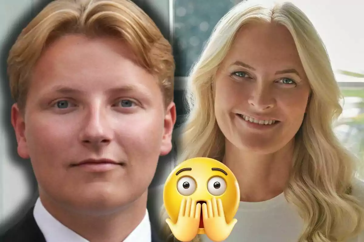Sverre y Mette-Marit de Noruega sonriente aparecen juntos con un emoji de sorpresa en primer plano.