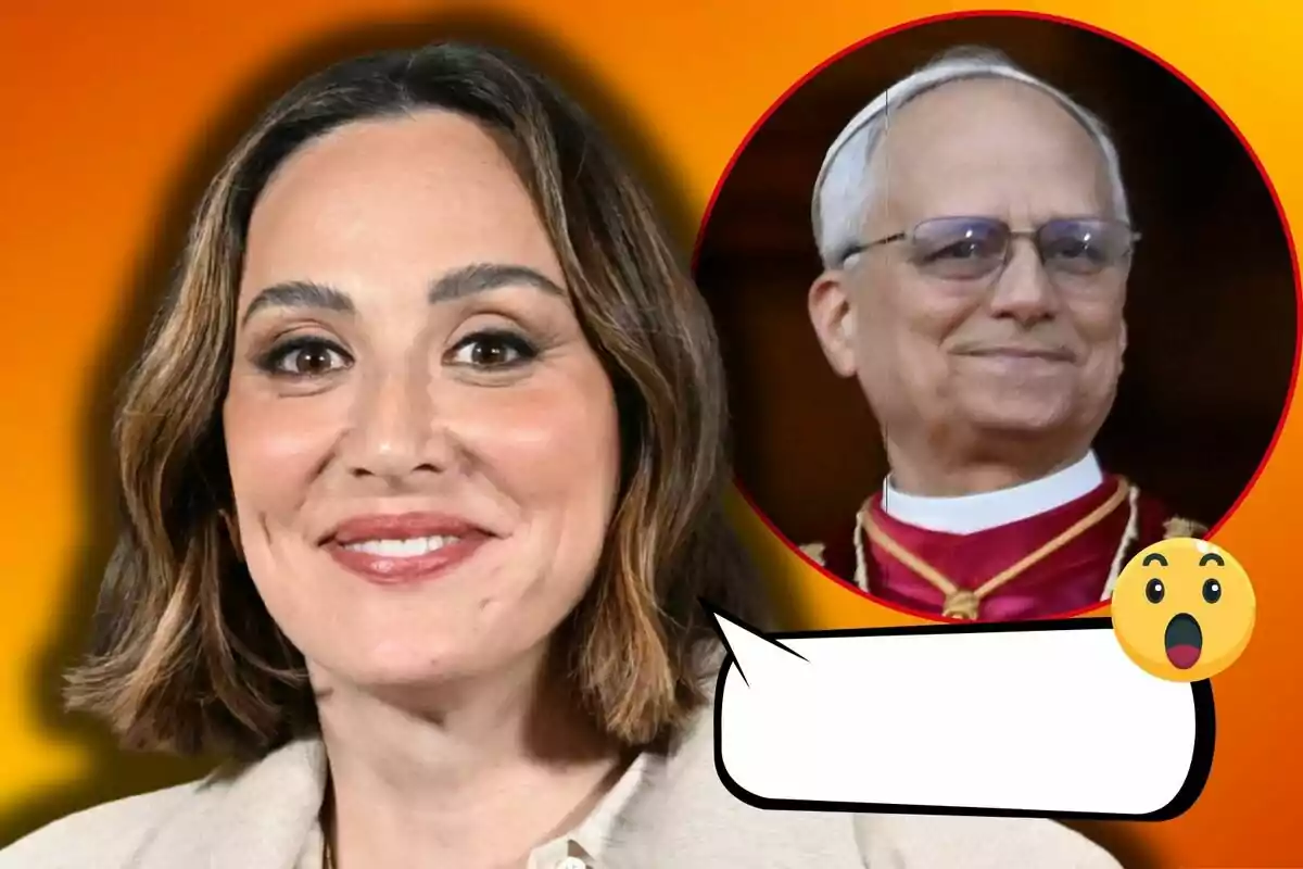 Tamara Falcó sonriente en primer plano con un fondo naranja y un círculo que muestra al papa León XIV con vestimenta religiosa, junto a un emoji sorprendido y un globo de diálogo vacío.