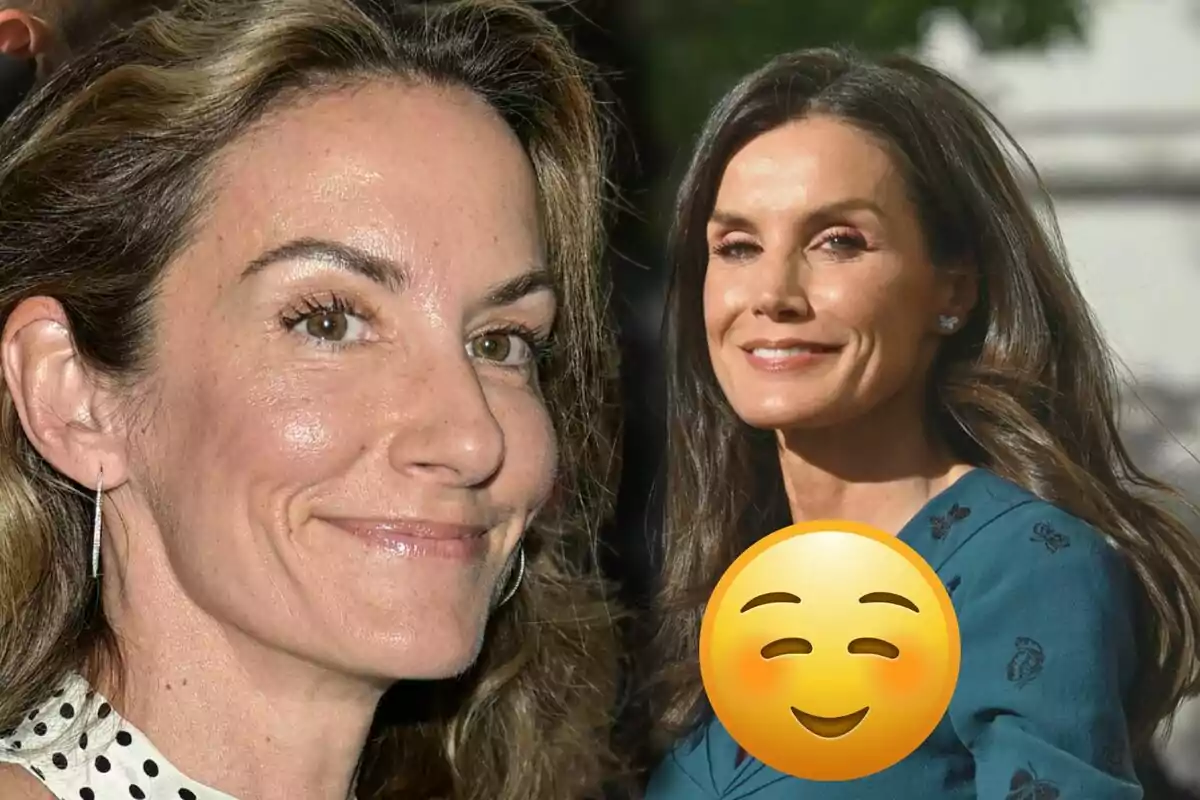 Telma Ortiz y la reina Letizia sonrientes con un emoji de cara sonriente en primer plano