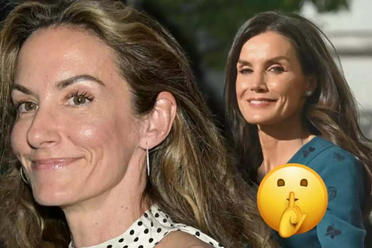 Telma Ortiz y la reina Letizia sonrientes en un montaje fotográfico con un emoji de silencio superpuesto.