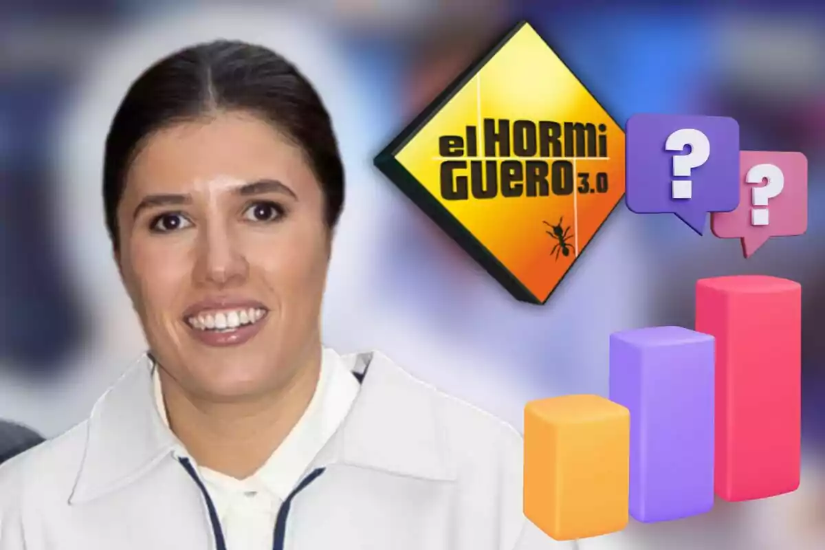 Teresa Urquijo sonriente junto al logo de "El Hormiguero 3.0" con iconos de burbujas de diálogo y gráficos de barras de colores.