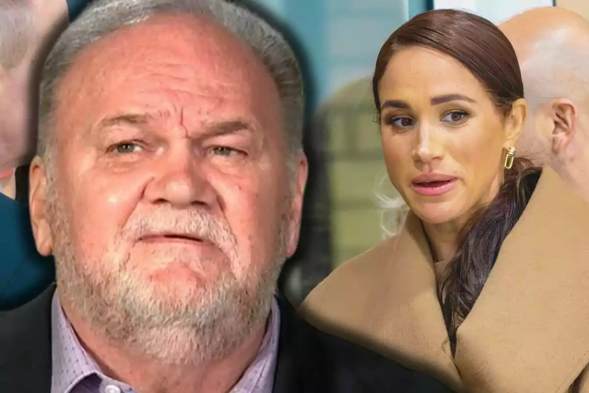 Close-up shot of a serious Thomas Markle with Meghan Markle in the background wearing a brown coat and looking to the side.