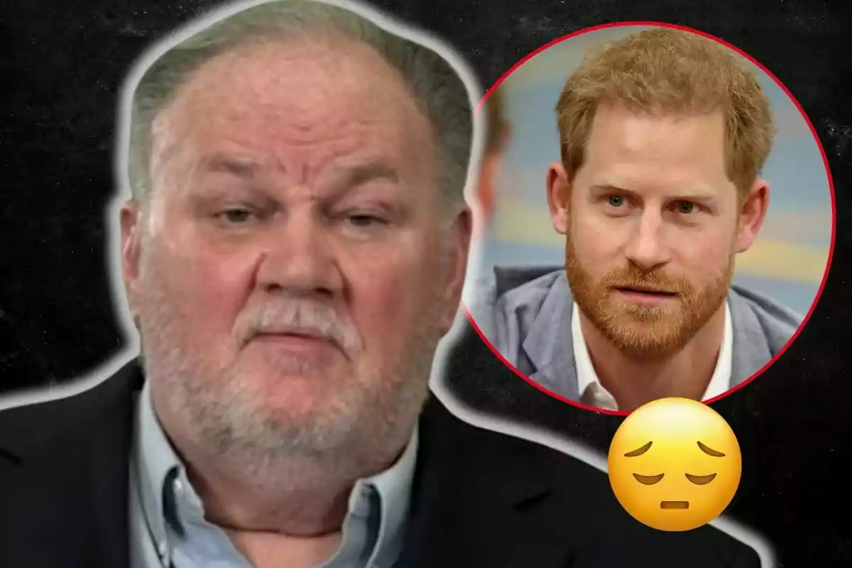 Thomas Markle con expresión seria aparece en primer plano, mientras que en un círculo rojo al fondo se ve a el príncipe Harry con expresión pensativa, acompañado de un emoji de cara triste.