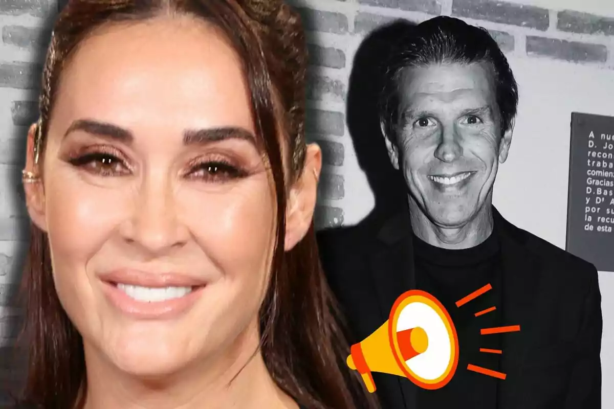 Primer plano de Vicky Martín Berrocal sonriendo con Manuel Díaz en blanco y negro al fondo y un icono de megáfono en la esquina