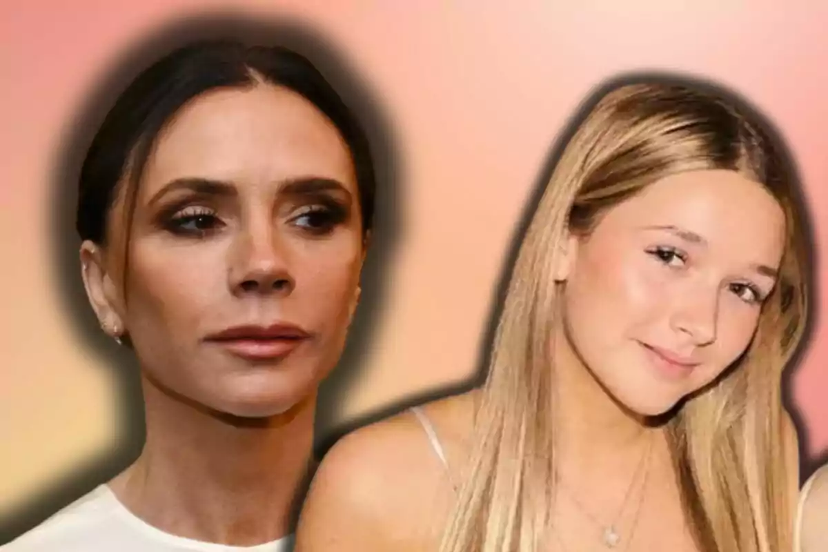 Victoria Beckham and Harper Seven pose in front of a warm-toned gradient background.