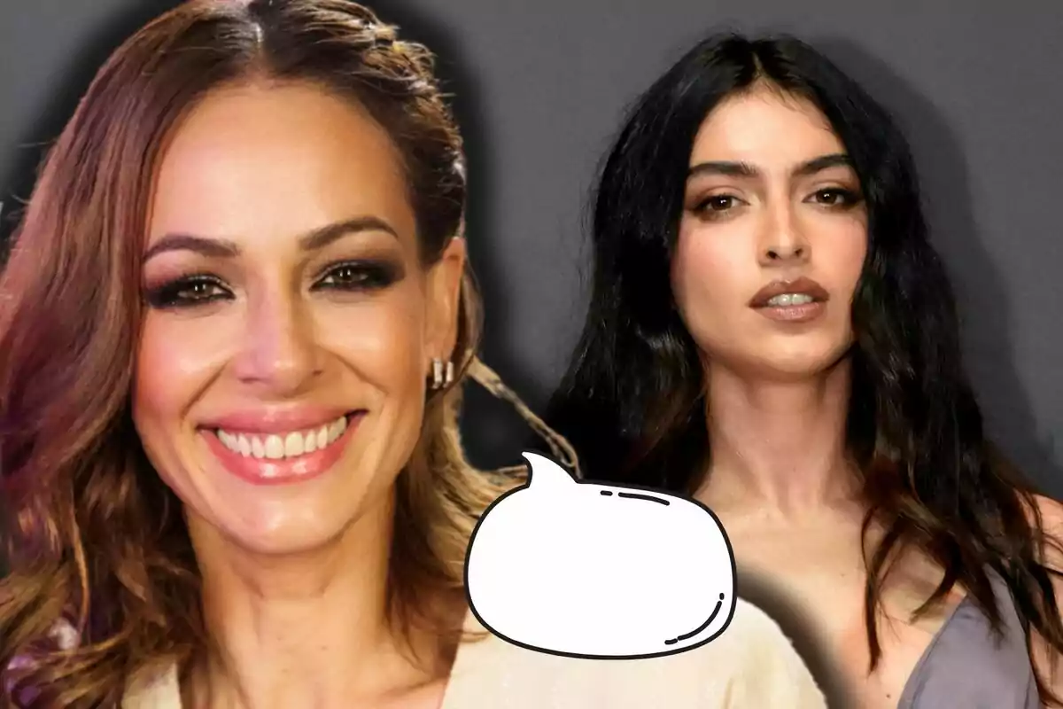 Eva González y Lucía Rivera posan frente a la cámara, una sonríe y la otra tiene expresión seria, con un globo de diálogo vacío entre ellas