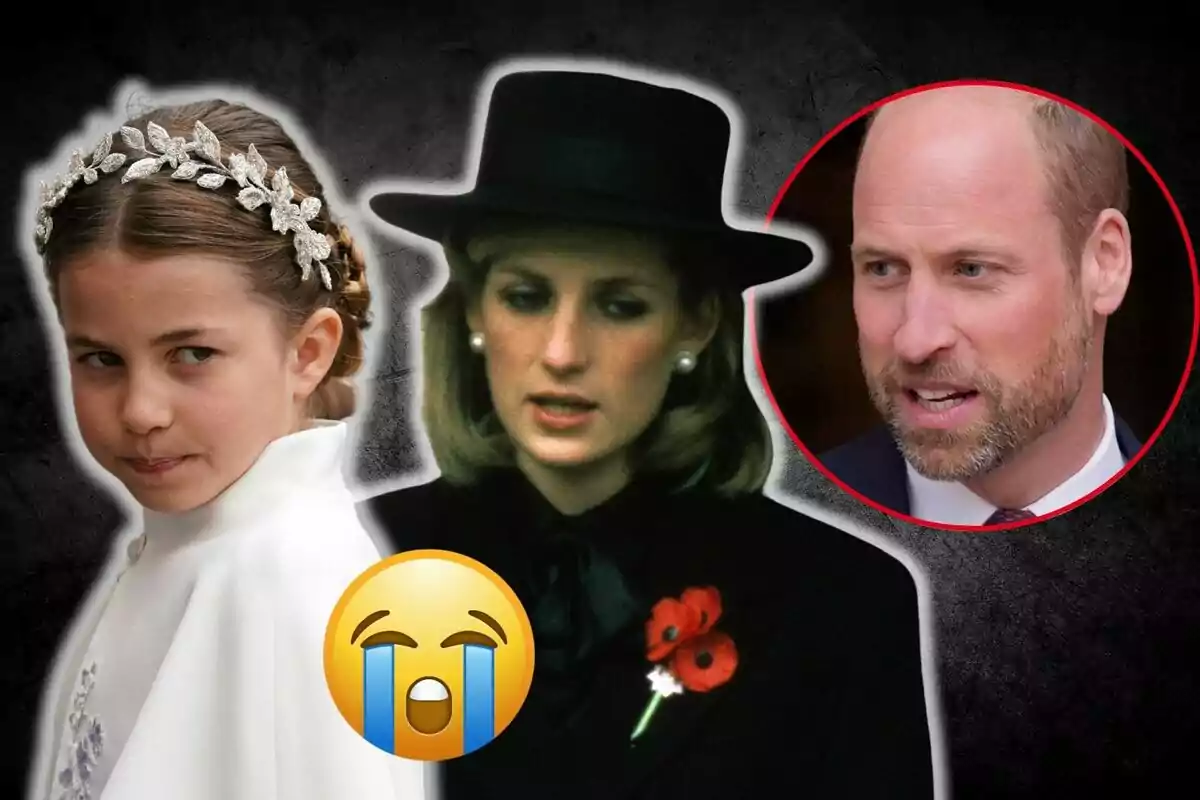 Princess Charlotte with a tiara, Lady Di with a black hat, and Prince William in a red circle, next to a crying emoji on a dark background