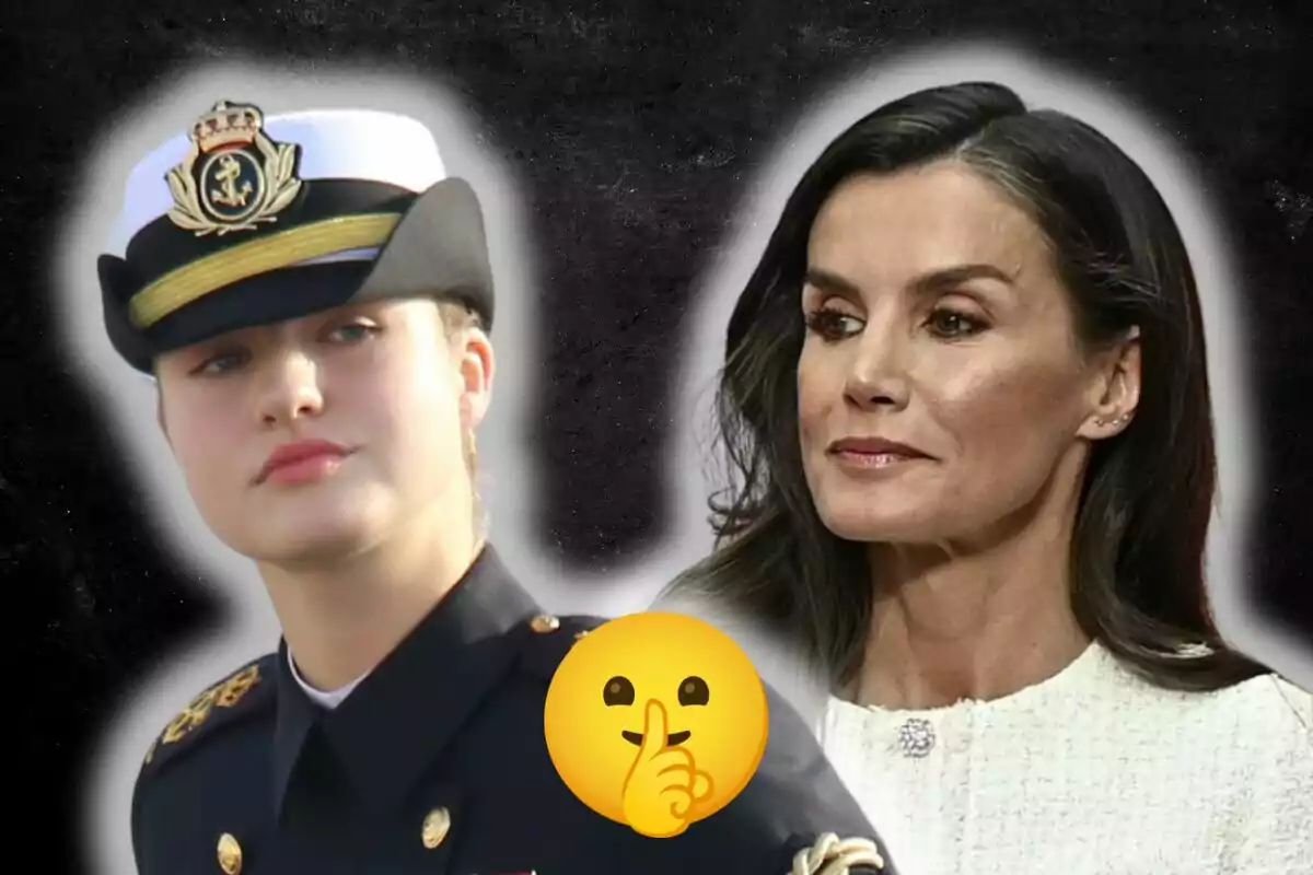 Princess Leonor and Queen Letizia, one in a military uniform and cap, the other in a white dress, against a dark background with a silence emoji in the center.