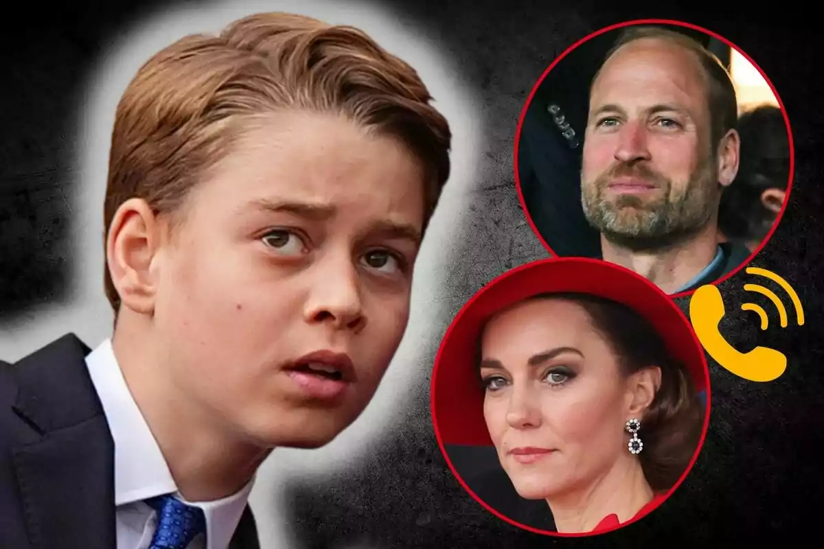 Prince George with a serious expression in the foreground and Prince William and Kate Middleton in red circles in the background next to a yellow phone icon