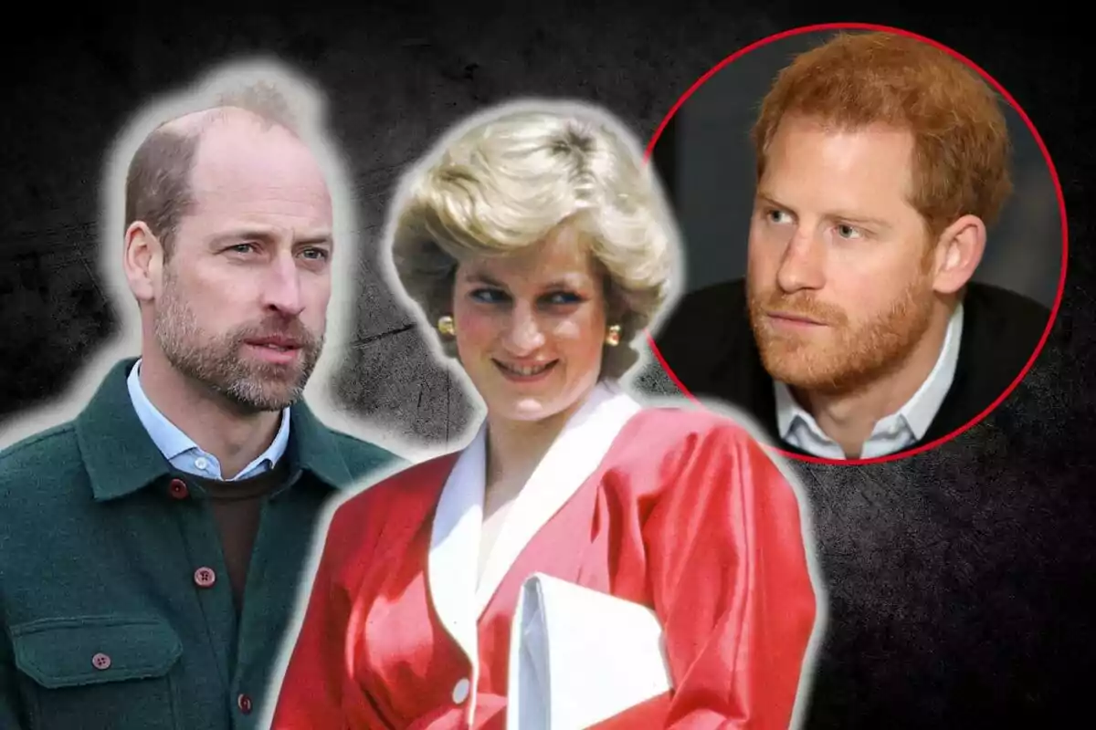 Prince William, Lady Di, and Prince Harry pose together, two men and a woman in the center, with a dark background and a red circle around the man on the right.