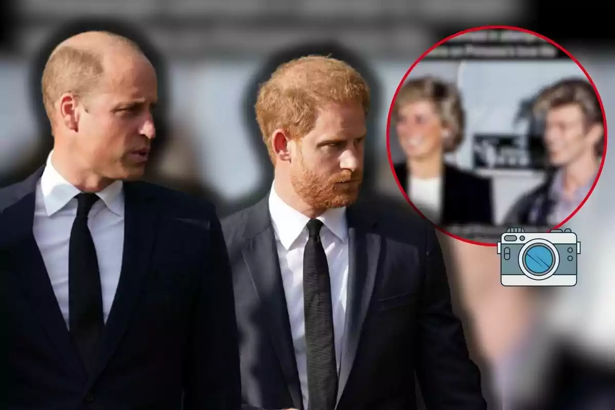 Princes William and Harry, dressed in dark suits, walk together while conversing; in the upper right corner, there is a circle showing a blurred image of two people smiling.