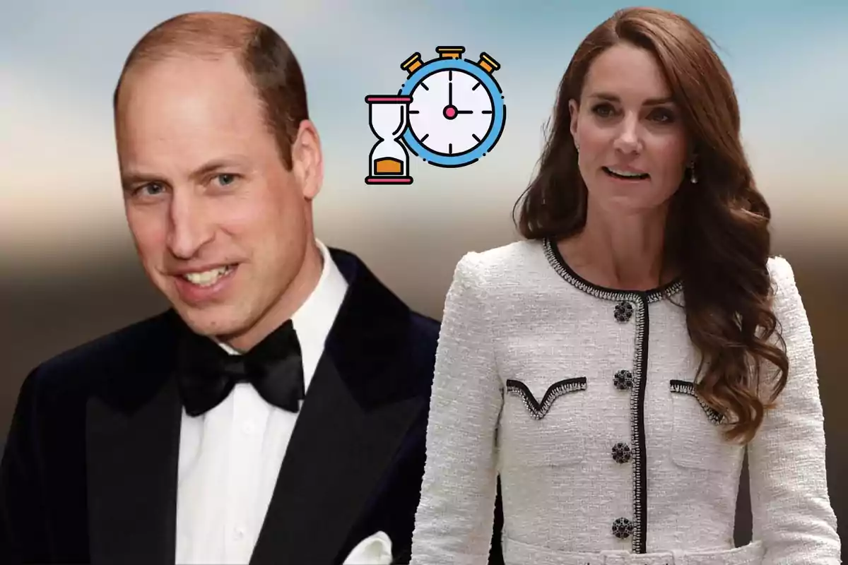 Prince William in a tuxedo and Kate Middleton in a white dress pose together, with an hourglass and stopwatch drawn in the background.