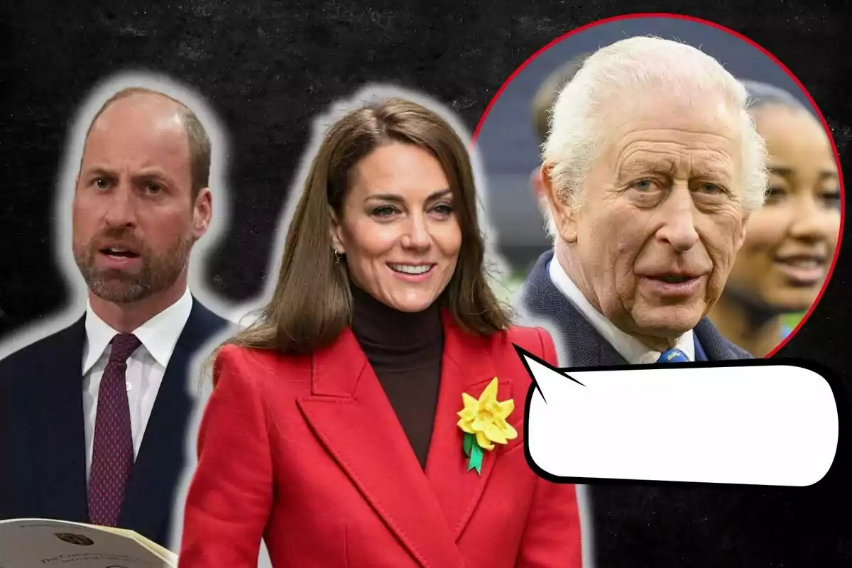Prince William, Kate Middleton, and Charles III pose in a photo montage with a dark background, one of them is wearing a red coat with a yellow flower, and there is an empty speech bubble.