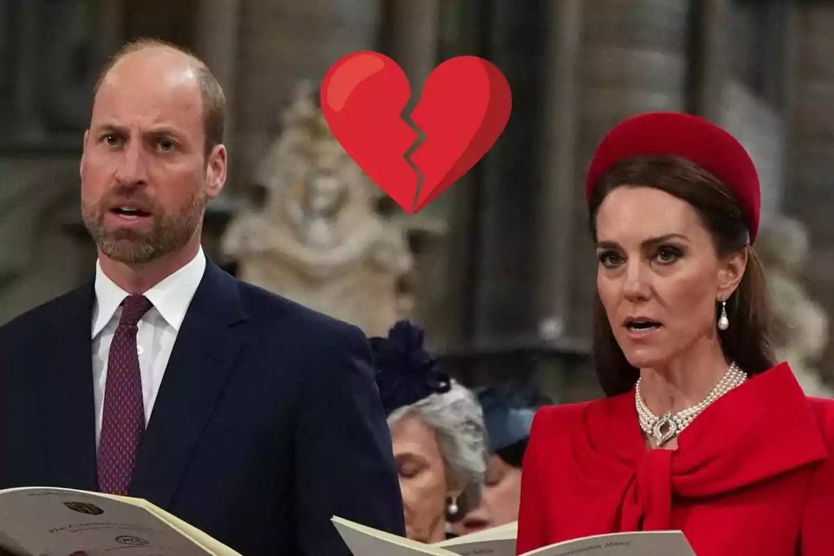 Prince William and Kate Middleton, formally dressed, hold programs at an event, with a broken heart emoji over them.