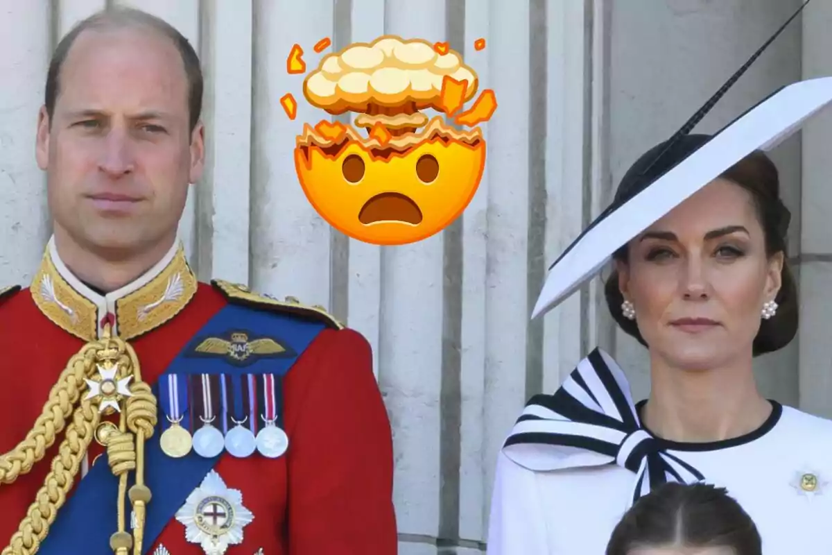 Montaje del príncipe Guillermo serio en traje oficial junto a Kate Middleton seria en traje blanco y negro y sombrero y un emoji explotando