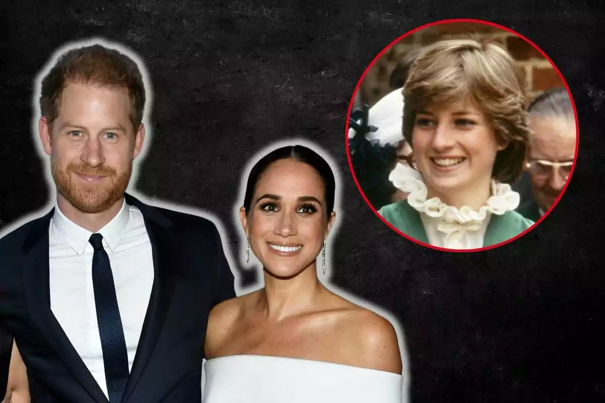 Prince Harry and Meghan Markle smiling and posing together with a circular image of Lady Di smiling in the top right corner.