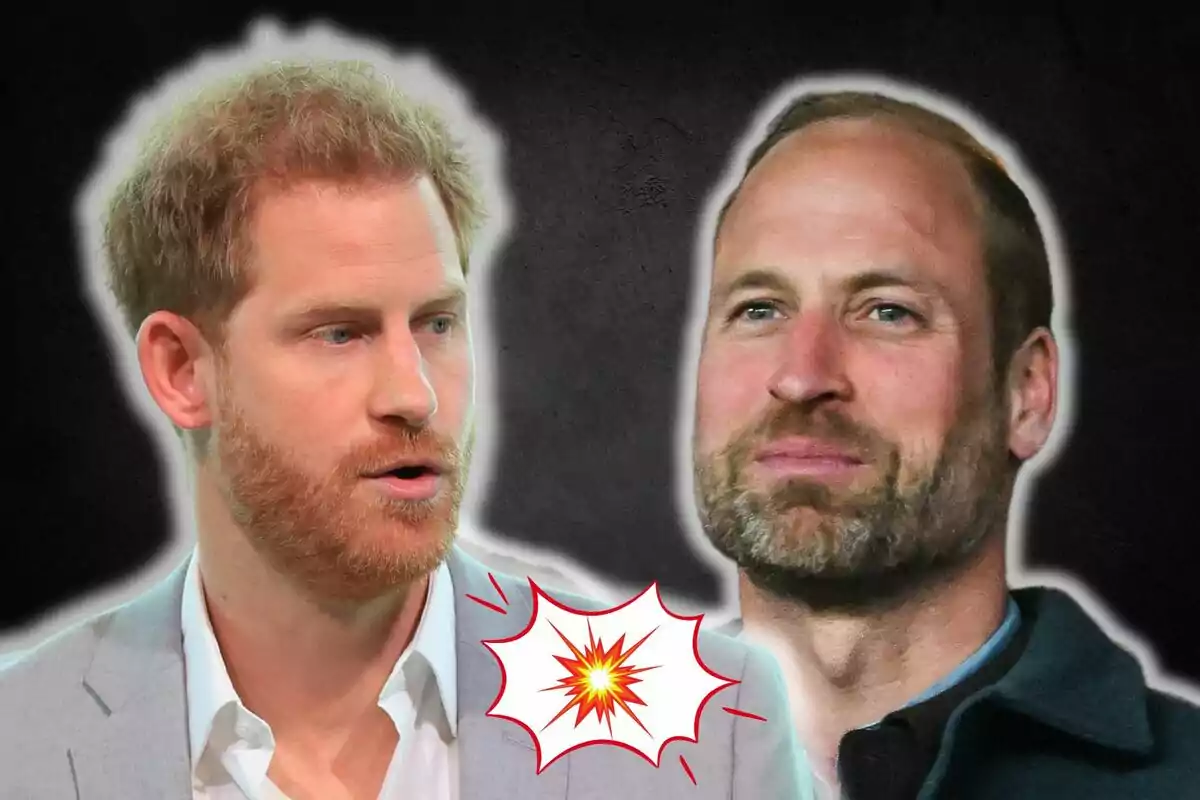 Princes Harry and William looking at each other with an illustration of an explosion between them on a dark background.