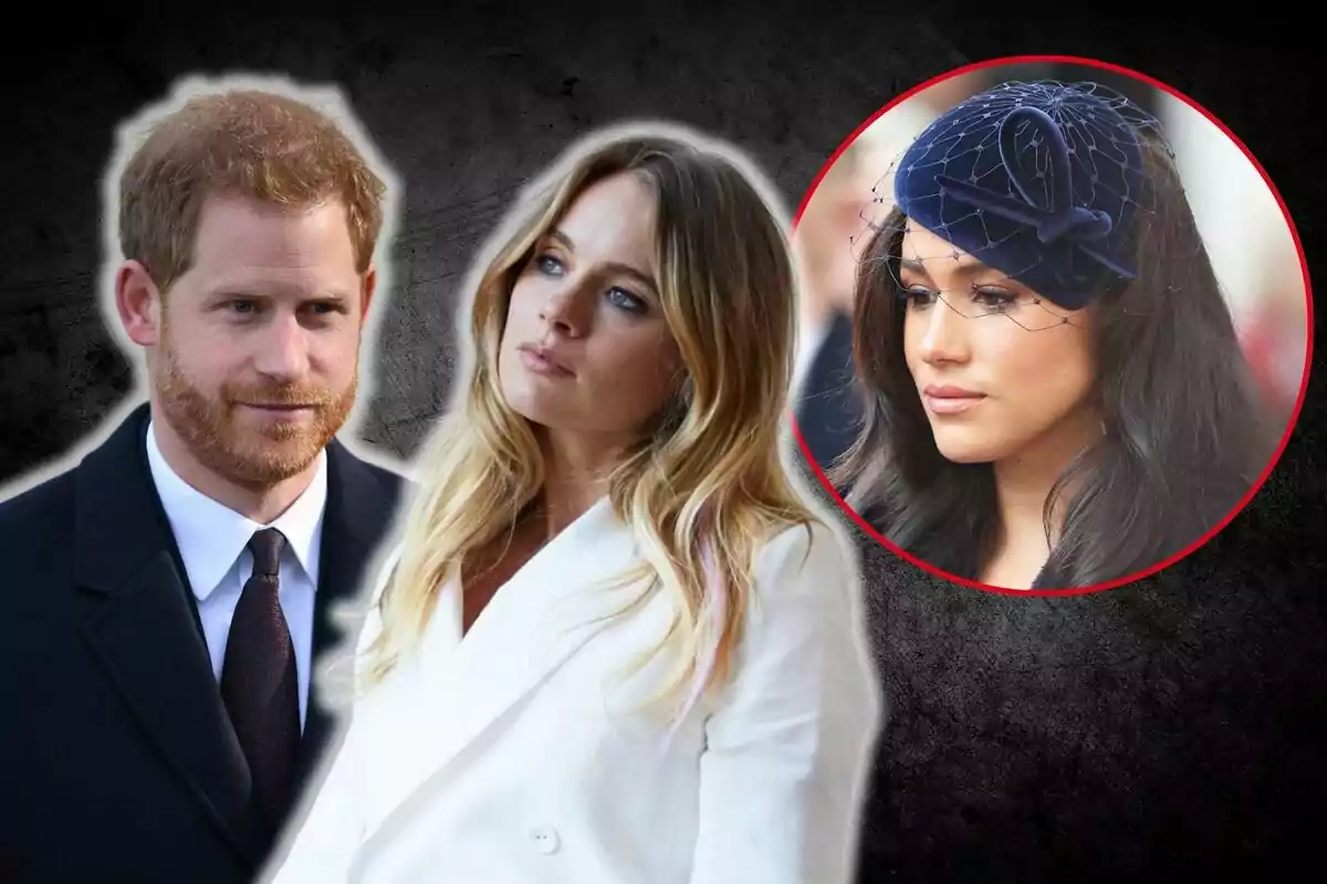 Prince Harry, Cressida Bonas, and Meghan Markle in the foreground with a dark background, two of them at the front and one framed in a red circle on the right.