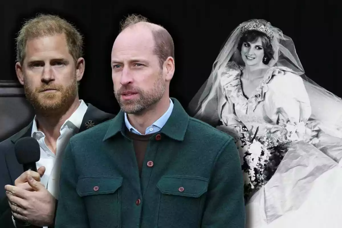 Los príncipes Harry y Guillermo en primer plano, uno con barba y micrófono, otro con chaqueta verde, y Lady Di en vestido de novia en el fondo en blanco y negro.