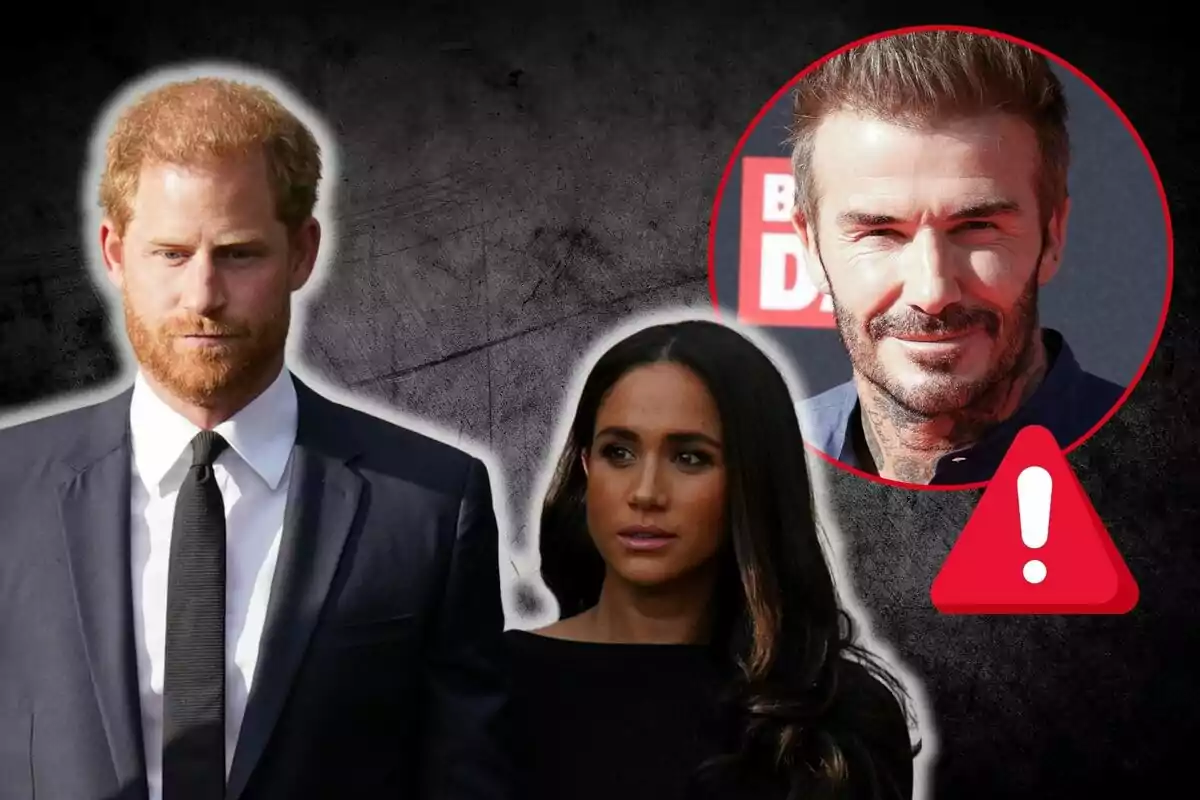 El príncipe Harry y Meghan Markle vestida de manera formal aparece en primer plano con David Beckham dentro de un círculo rojo al fondo y un icono de advertencia sobre un fondo oscuro