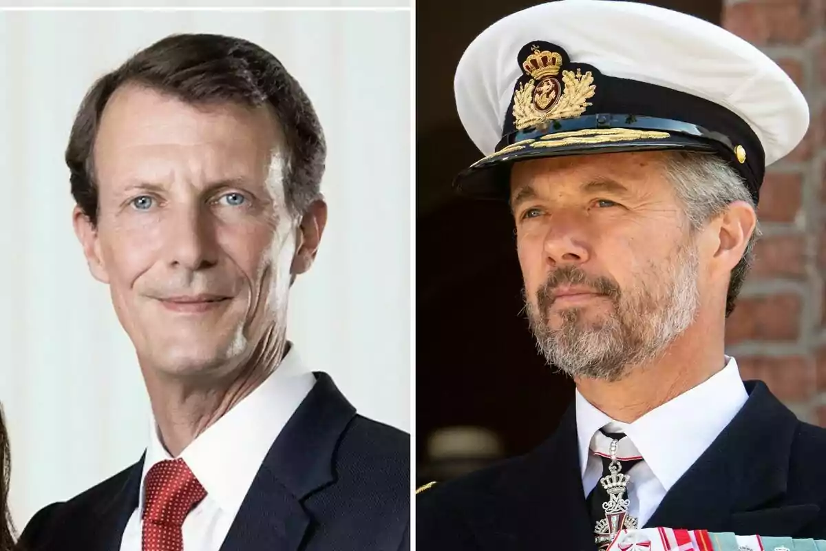 El príncipe Joaquín y Federico de Dinamarca, uno con traje y corbata roja y otro con uniforme naval y gorra blanca El príncipe Joaquín y Federico de Dinamarca, uno con traje y corbata roja y otro con uniforme naval y gorra blanca