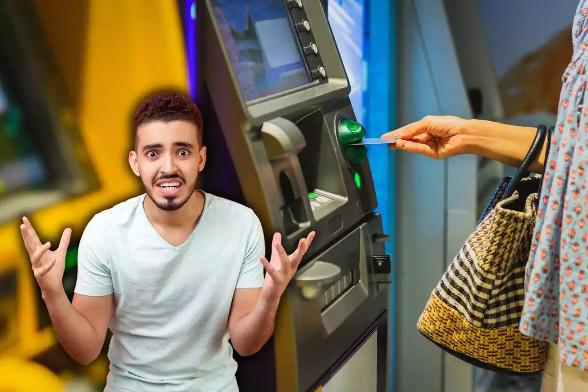 A woman puts her credit card in an ATM, while a man shows his anger with his gestures A woman puts her credit card in an ATM, while a man shows his anger with his gestures